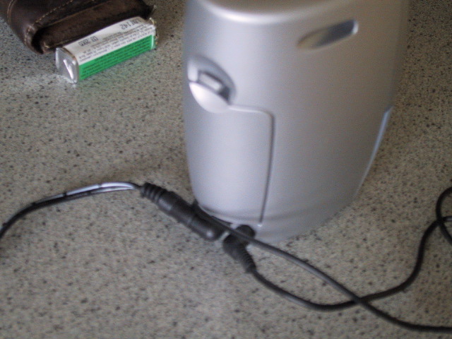 The power connection to the speakers.  that was another problem - the speakers are battery powered but *can* be mains powered.  that's a separate purchase of course...